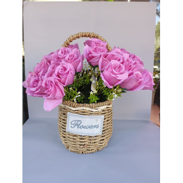 Basket with Pink Artificial Roses