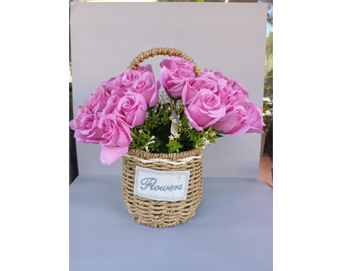 Basket with Pink Artificial Roses