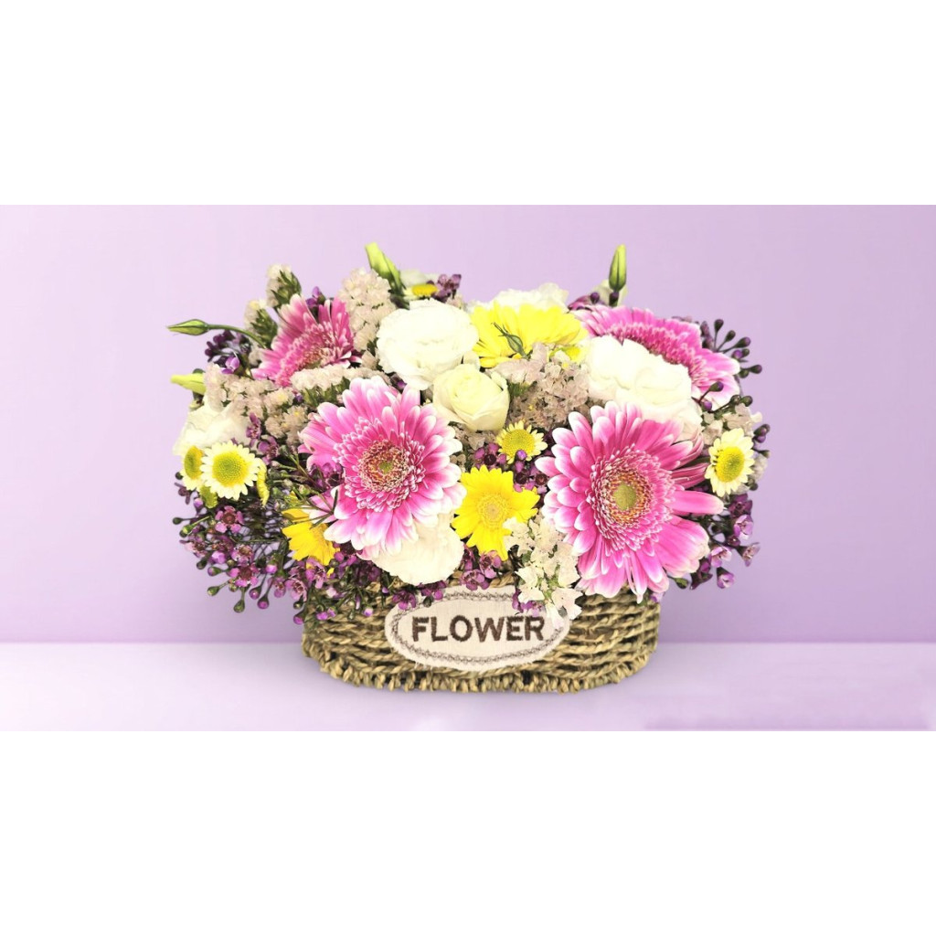 Basket in Pink & White with Chrysanthemums