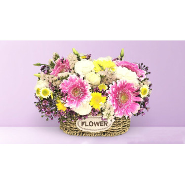 Rustic Basket in Pink & White with Chrysanthemums