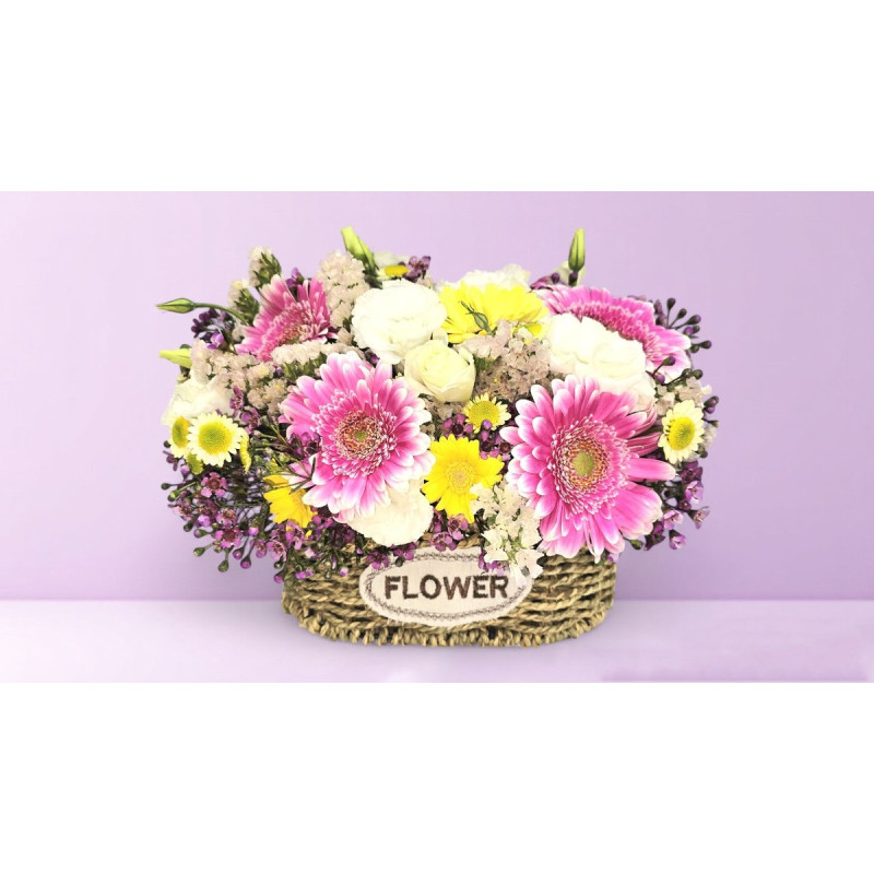 Rustic Basket in Pink & White with Chrysanthemums