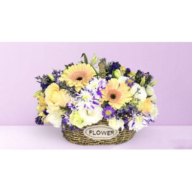 Rustic Basket in Purple with Gerberas & Chrysanthemums